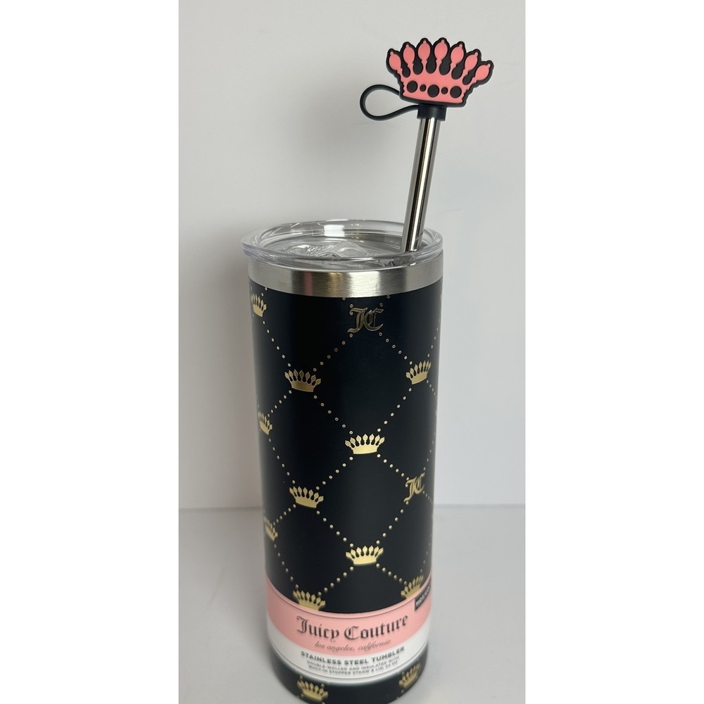 Juicy Couture Crown Monogram Stainless Steel Tumbler Pink Straw 24 Oz